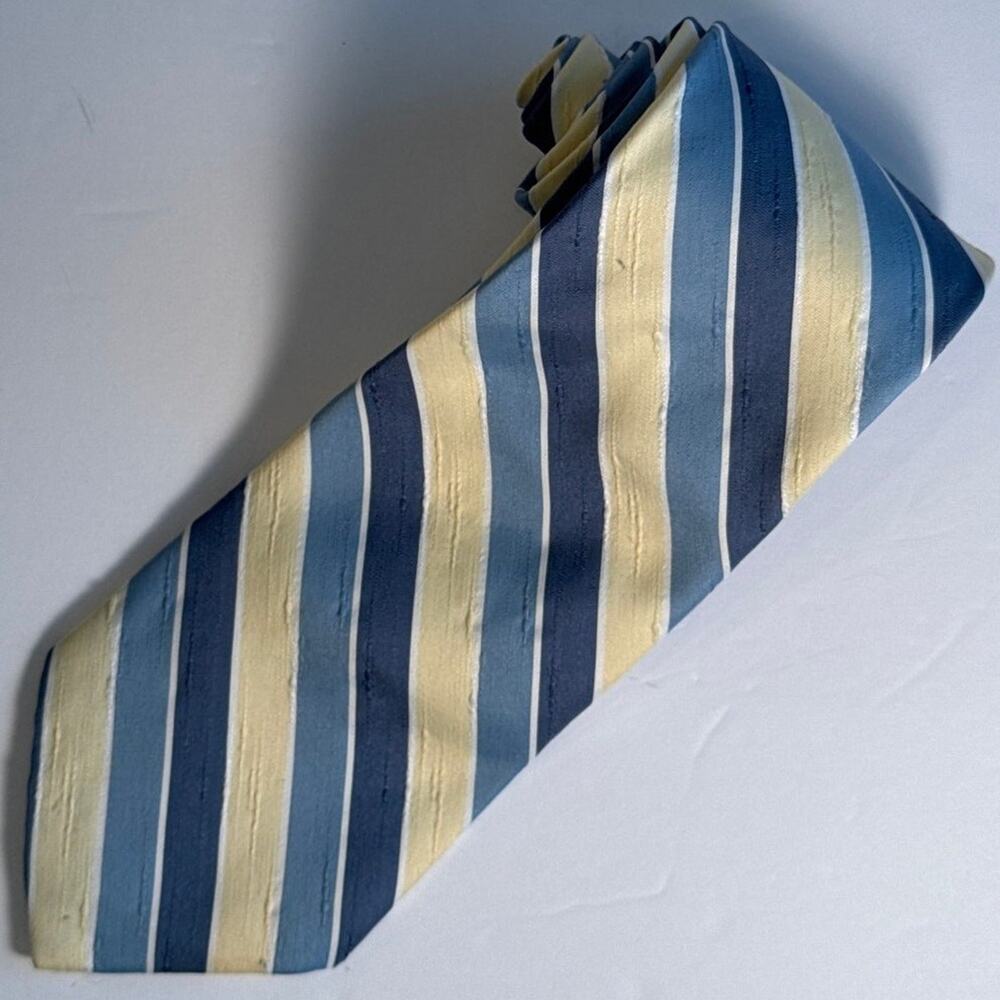 Sears The Men's Store Vintage Blue Yellow Stripe Retro Tie Textured Polyester